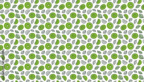Kiwi background. Seamless pattern. Hand drawn fresh tropical fruit. Multicolored vector sketch. Colorful doodle wallpaper. Green print