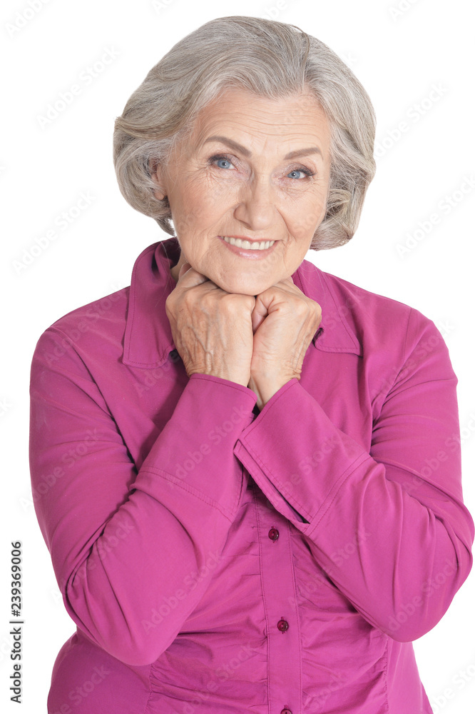 Surprised senior woman posing against white background Surprised senior woman posing against white background