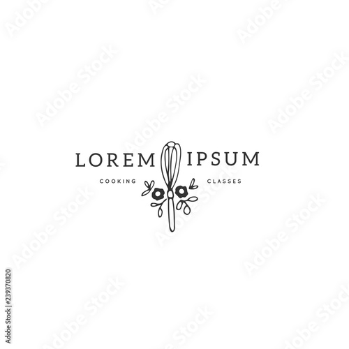 Kitchen logo template, whisk with flowers. Vector hand drawn object.