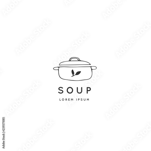 Kitchen logo template, saucepan. Vector hand drawn object.