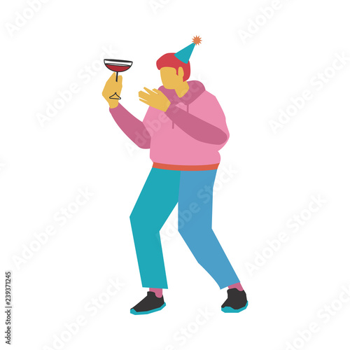 Vector illustration of dancing and drinking alcohol cocktail man in party hat - flat young caucasian male character with no face in casual clothes having fun isolated on white background.