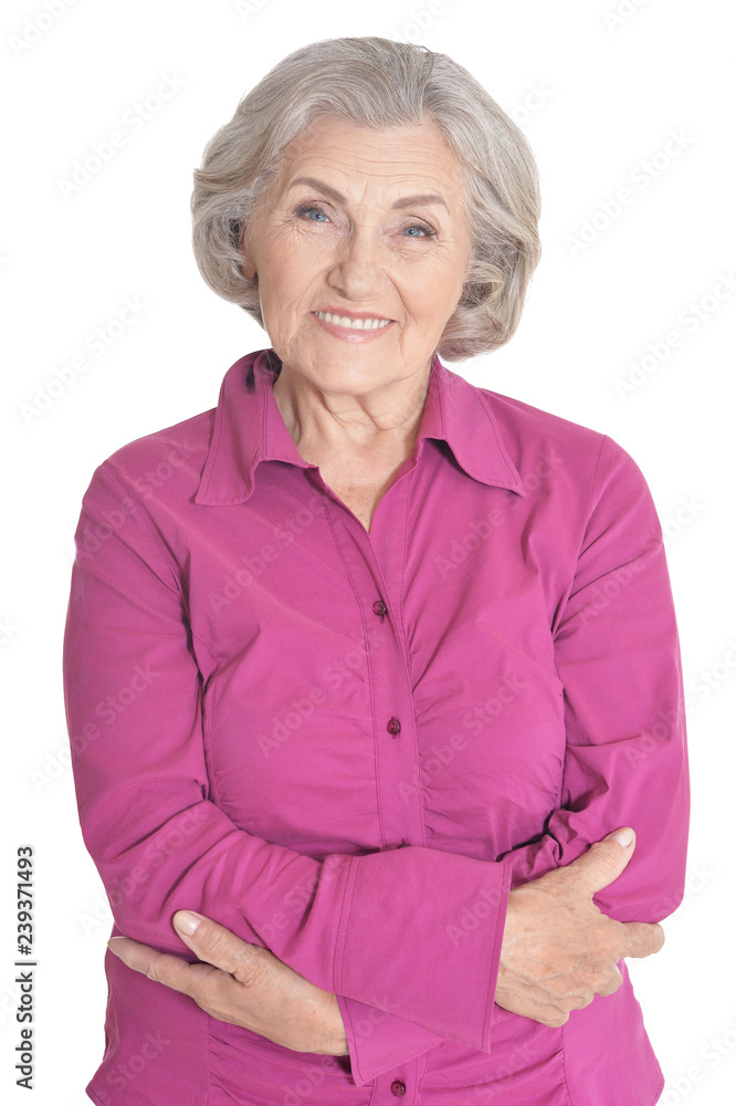 Surprised senior woman posing against white background Surprised senior woman posing against white background