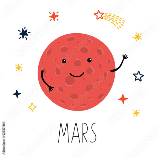 Cute planet Mars. Planet with hands and eyes. Vector illustration for children