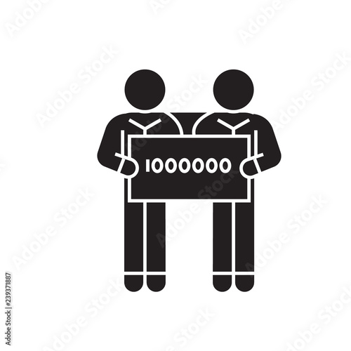 People holding large check of one million dollar black vector concept icon. People holding large check of one million dollar flat illustration, sign, symbol