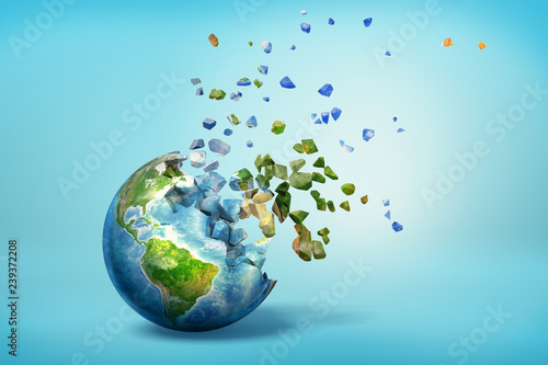 Fototapeta Naklejka Na Ścianę i Meble -  3d rendering of earth globe wrecked on blue background