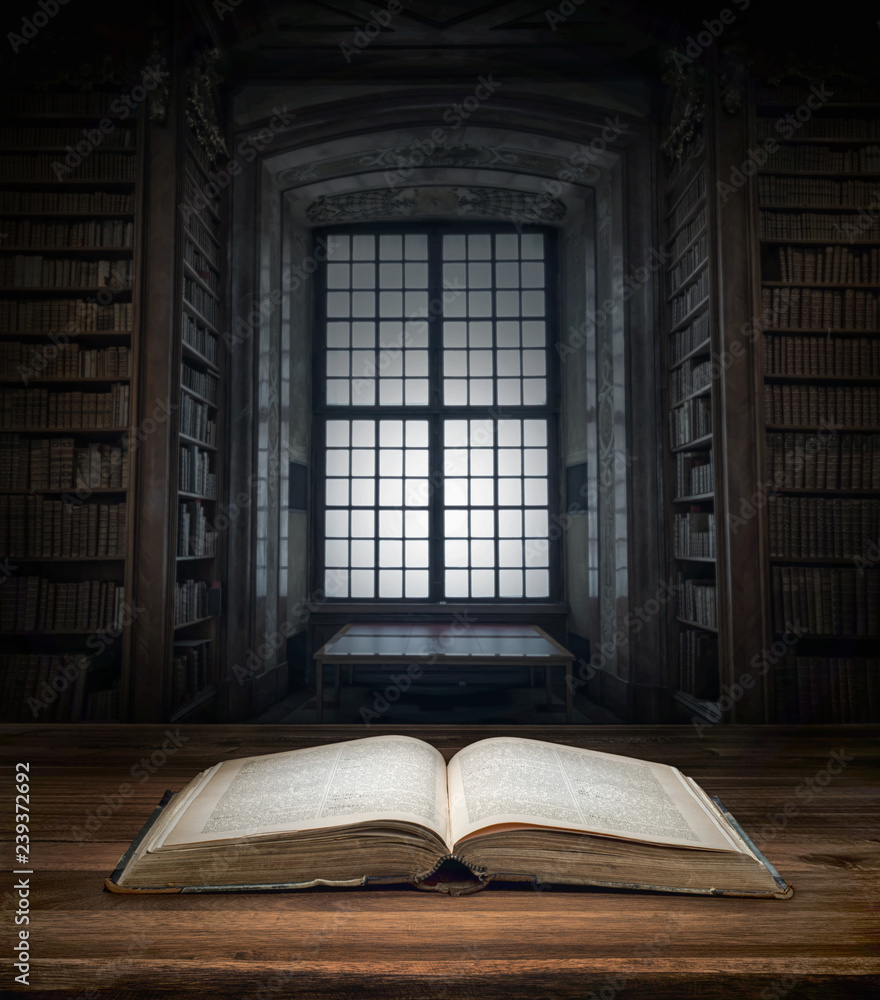 Fototapeta premium Open old book on a bookshelf background and the rays of light. Selective focus. Conceptual background on history, education, literature topics.