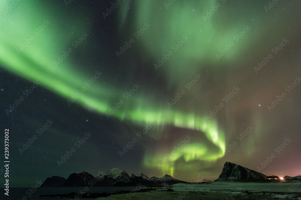 Amazin landscape of northen lights in background at Lofoten, Norway