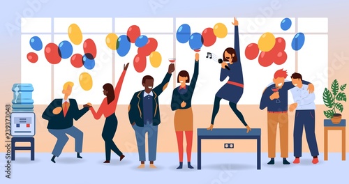 Vector flat funny women, men in suit having fun at corporate party dancing, singing at table, drinking alcohol. Business people goes wild at birthday, corporate christmas party with balloons in office