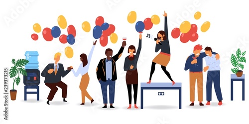 Vector flat funny women, men in suit having fun at corporate party dancing, singing at table, drinking alcohol cocktails. Business people goes wild at birthday, corporate christmas party with balloons