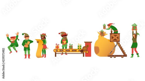 Vector illustration set of Christmas and New Year scenes with Santa Claus helpers elves preparing gifts for winter holiday in flat style isolated on red background for xmas design.