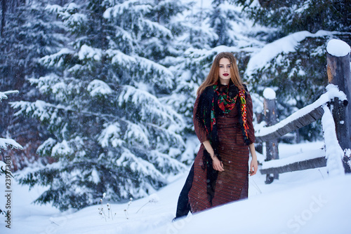Full length portrait of attractive young slim woman with long straight loose hair in long woolen stylish dress and dark kerchief with bright floral pattern outdoors i on snowy winter day. photo