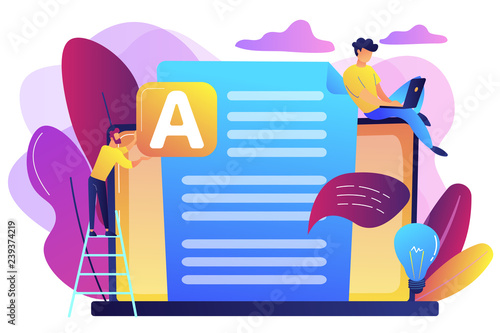 Copywriter at huge laptop writting creative advertising text. Copywriting job, home based copywriter, freelance copywriting concept. Bright vibrant violet vector isolated illustration
