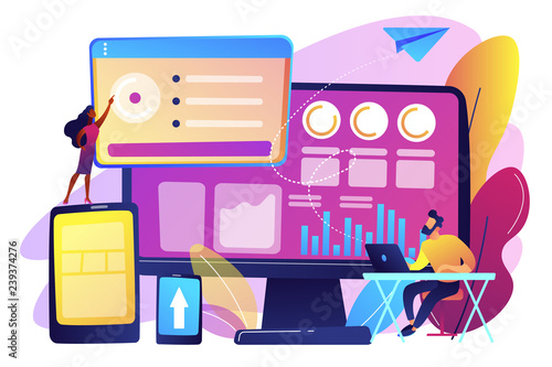 IT managers integrate technologies into business operations. Enterprise IT management, IT software solutions, enterprise architecture concept. Bright vibrant violet vector isolated illustration