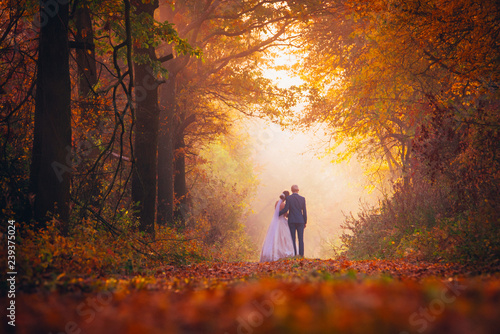 Bride and groom in colorful autumn forest © kovop58