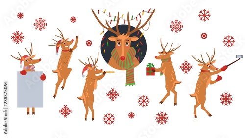 Vector illustration set of Christmas reindeer with red nose and various winter holiday symbols in flat style isolated on white background - xmas scenes with Santa Claus helper and snowflakes.