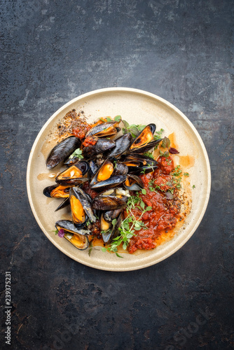 Traditional barbecue Italian blue mussel in tomato sauce with parsley and garlic in red wine sauce as top view on modern design plate with copy space