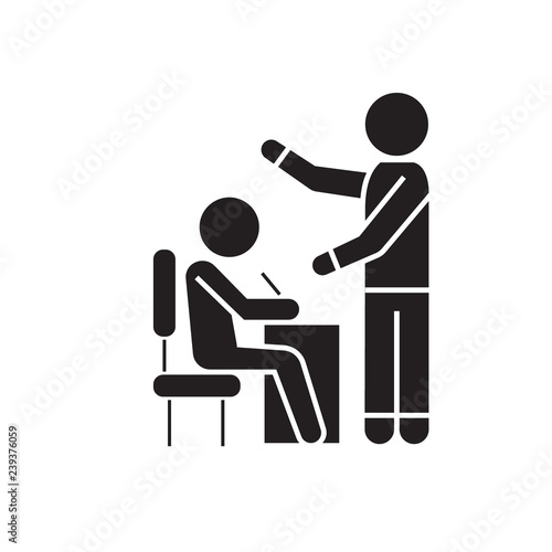 Teaching proccess, student and teacher black vector concept icon. Teaching proccess, student and teacher flat illustration, sign, symbol