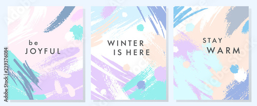 Unique artistic winter cards with hand drawn shapes and textures in soft pastel colors.Trendy graphic design perfect for prints,flyers,banners,invitations,special offer and more.Vector collages.