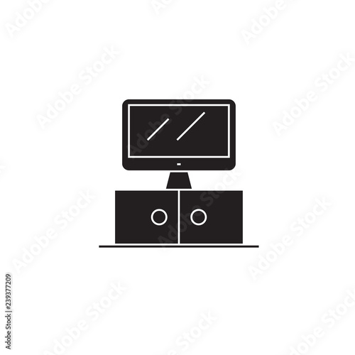 Tv on a nightstand black vector concept icon. Tv on a nightstand flat illustration, sign, symbol