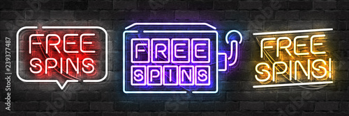 Vector set of realistic isolated neon sign of Free Spinslogo for template decoration and covering on the wall background. Concept of bonus and casino.