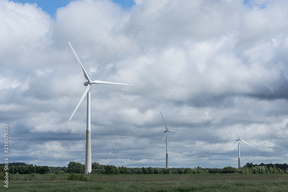 Ecology concept: Blue sky, white clouds, wind turbine and crop field. Wind generator for electricity, alternative energy source. Windmill for electric power production. Ecology concept: Blue sky, white clouds, wind turbine and crop field. Wind generator for electricity, alternative energy source. Windmill for electric power production.
