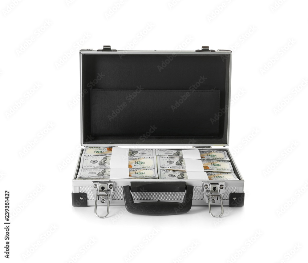 Open hard case full of money on white background Open hard case full of money on white background