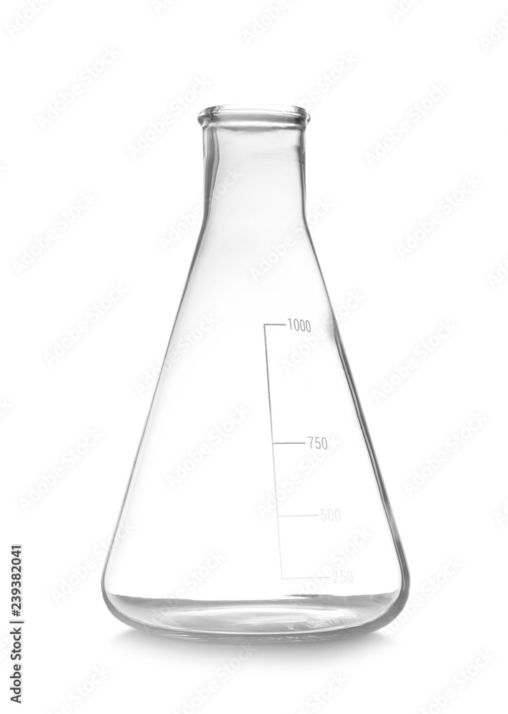 Empty conical flask isolated on white. Chemistry laboratory glassware Empty conical flask isolated on white. Chemistry laboratory glassware