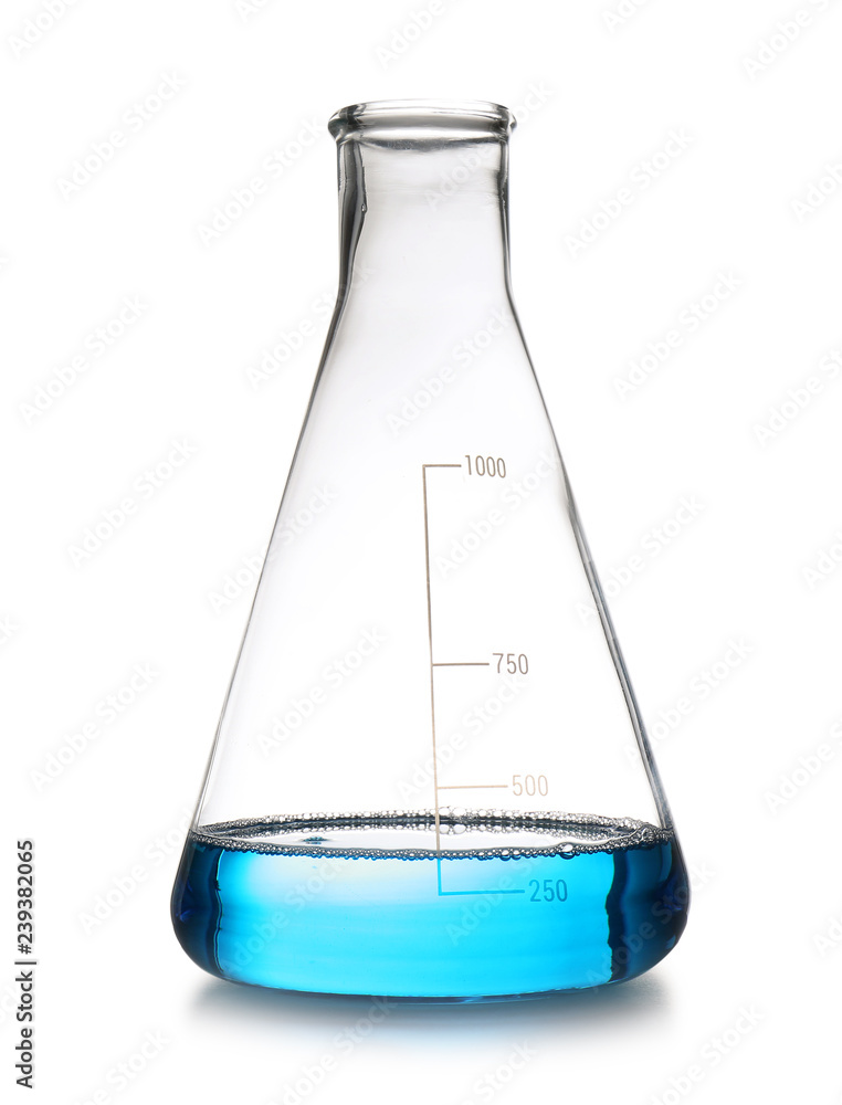 Conical flask with sample isolated on white. Chemistry laboratory glassware Conical flask with sample isolated on white. Chemistry laboratory glassware