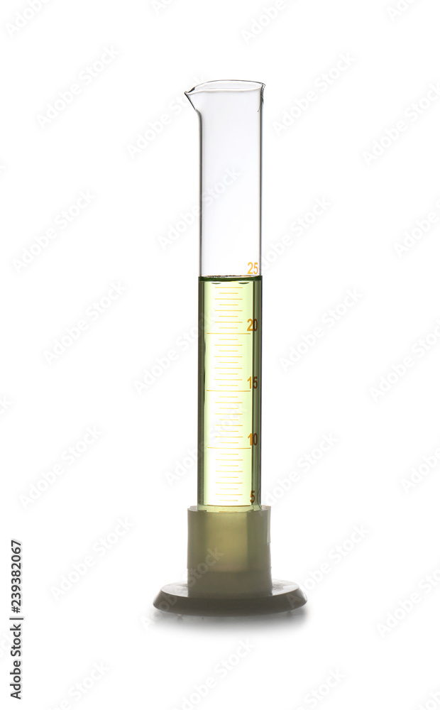 Graduated cylinder with sample isolated on white. Chemistry laboratory glassware Graduated cylinder with sample isolated on white. Chemistry laboratory glassware