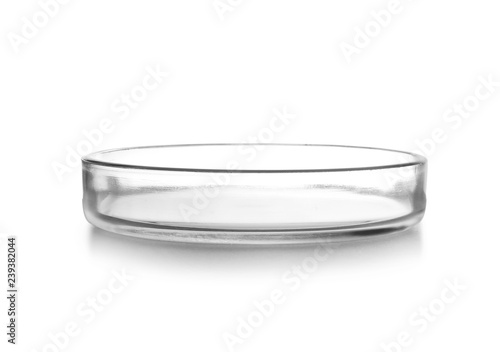 Empty Petri dish isolated on white. Chemistry laboratory glassware