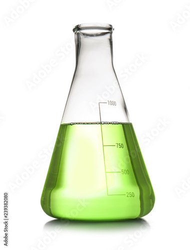 Conical flask with sample isolated on white. Chemistry laboratory glassware
