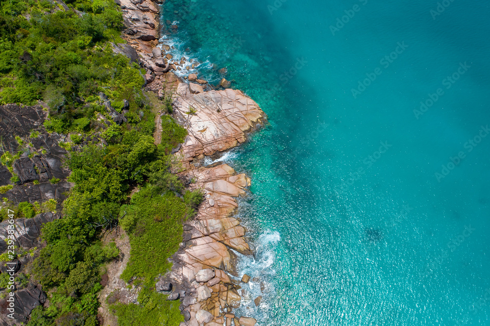 Aerial view of beautiful island at Seychelles in the Indian Ocean. Top view from drone