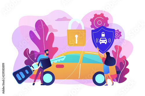 Businessman with car remote key and woman with shield at car with padlock. Car alarm system, anti-theft system, vehicle thefts statistics concept. Bright vibrant violet vector isolated illustration