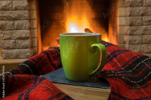 Cozy scene before fireplace with green mug with tea, a book, wool scarf.