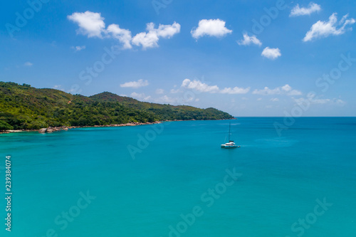 Aerial view of beautiful island at Seychelles in the Indian Ocean.Top view from drone