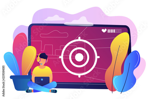Gamer in headset with laptop recording video game walkthrough. Video game walkthrough, popular video content, gaming video stream concept. Bright vibrant violet vector isolated illustration