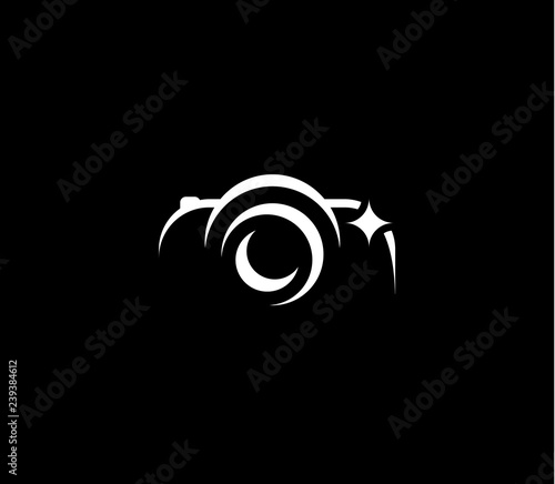 White and black photographer vector icon. Abstract camera emblem. Minimalistic lines. White silhouette modern logo. Logotype template on black background. Vectors.
