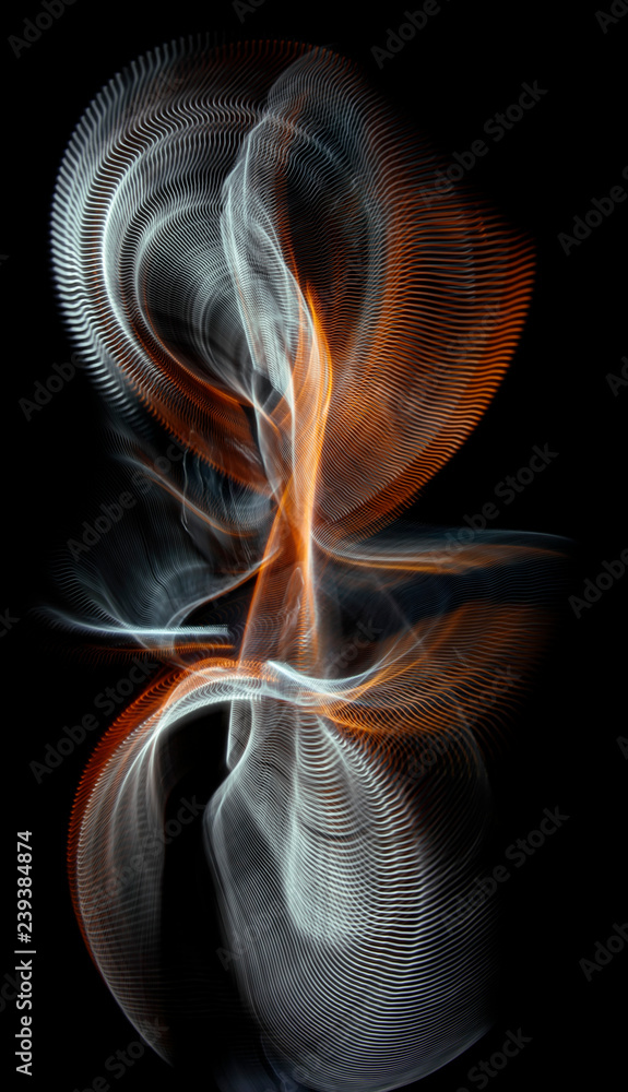 Fototapeta premium Multicolored twisted ordered parallel lines on a black background. Light in motion. Color abstraction
