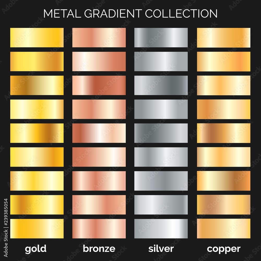 Metallic gradations. Argent and copper gradients, gold and bronze metals,  silver texture, rose iron frame, polished metal or foil, vector  illustration Stock Vector