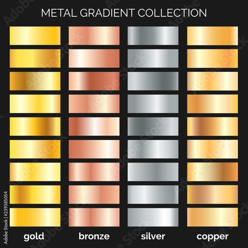 Metallic gradations. Argent and copper gradients, gold and bronze metals, silver texture, rose iron frame, polished metal or foil, vector illustration