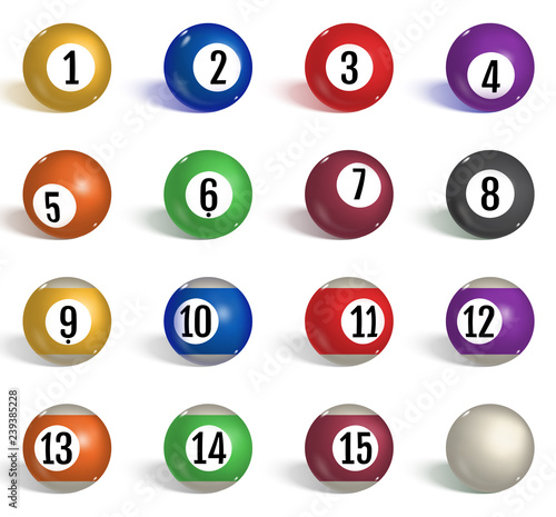 Billiard, pool balls collection. Snooker. Realistic balls on white background. Vector illustration.