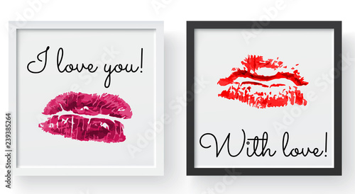 Lipstick kiss print. Female sexy red lips. Sexy lips makeup, kiss mouth, modern frame and place for text