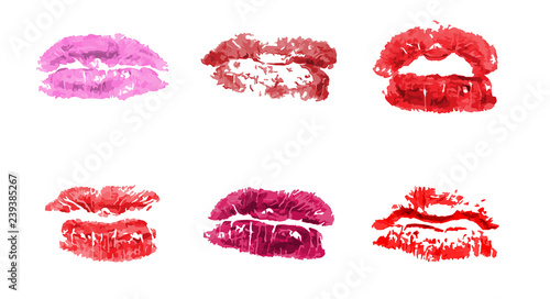 Lipstick kiss print. Female sexy red lips. Sexy lips makeup  kiss mouth. Vector female mouths.