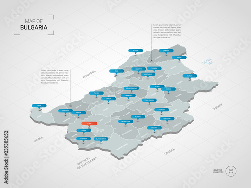 Isometric 3D Bulgaria map. Stylized vector map illustration with cities, borders, capital, administrative divisions and pointer marks; gradient background with grid. 