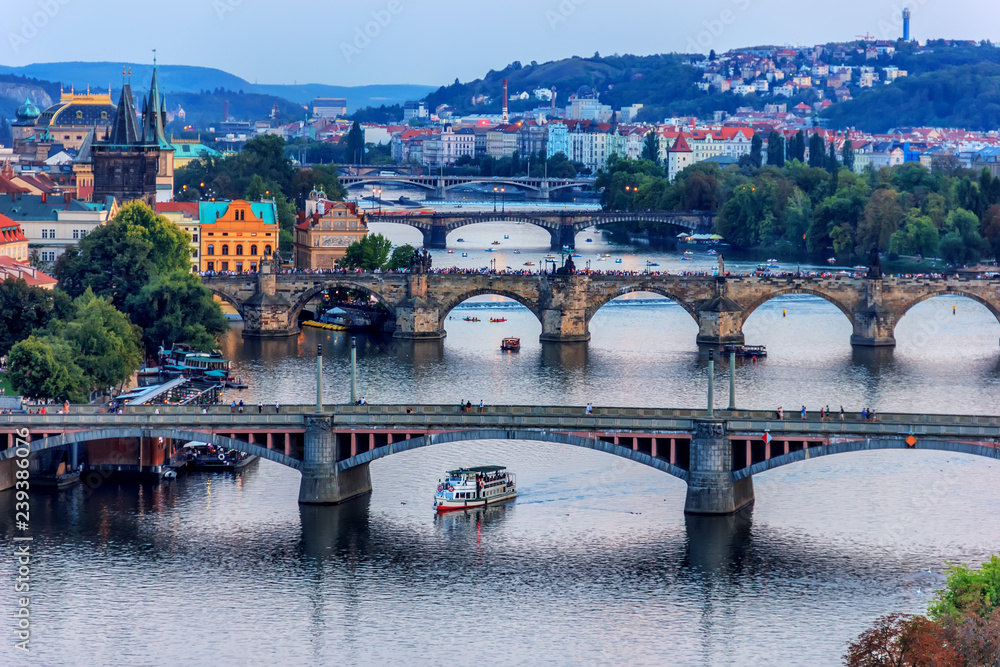 Charles bridge and other Prague bridges view, Czech republic