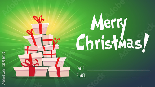 a lot many gifts stack triangle like Christmas tree form. green red white cartoon vector illustration of party invitation or print holliday greeting