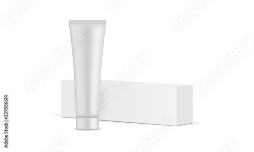 Toothpaste tube and cardboard box mockup isolated on white background. Vector illustration
