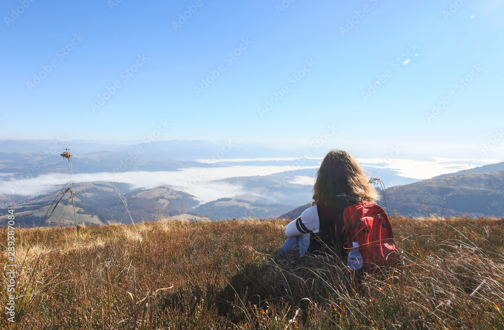 mountains, the girl looks at the mountains, landscape