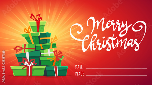 a lot many gifts stack triangle like Christmas tree form. green red white cartoon vector illustration of party invitation or print holliday greeting