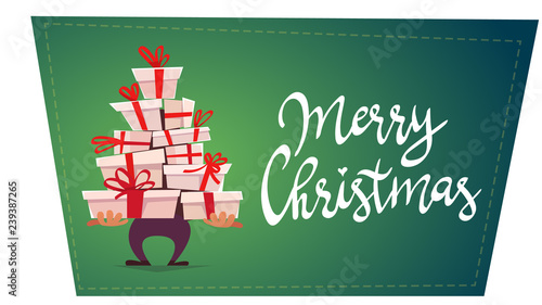 a lot many gifts stack triangle like Christmas tree form. green red white cartoon vector illustration of party invitation or print holliday greeting